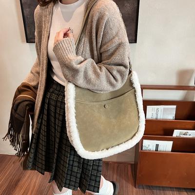 2025 New Autumn and Winter Matte Leather with Fur Bag, Bucket Bag, Women's Oblique Span, High-end Sense, Large-capacity Tote Bag