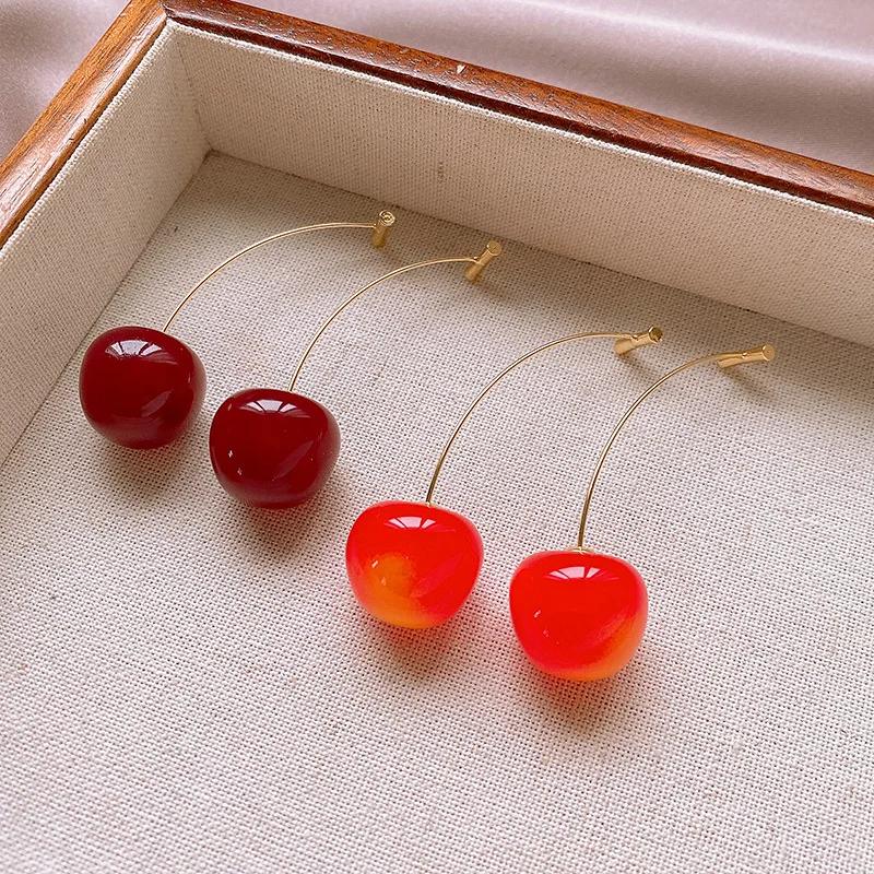 Fashion Sweet Red Resin Strawberry Cherry Drop Earrings For Women Cute Lovely Acrylic Fruit Earrings Zircon Accessories