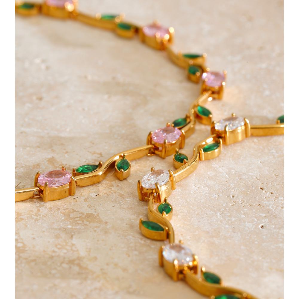 JINYOU 8556 Fashion Stainless Steel Jewelry Set Green pink Cubic Zirconia Necklace Stainless Steel Gold Plated Chain Bracelet