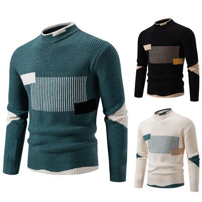 Autumn and Winter Men's Clothing Fashion Contrasting Colors Crew Neck Warm Knitted Sweater Loose Striped Sweater Large Size