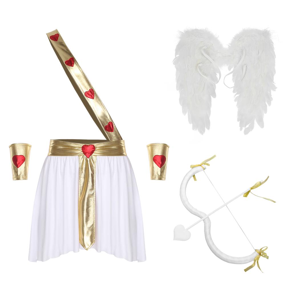 Mens Cupid Costume Set Contrast Color Heart Pattern Skirt Detachable Sleeves Wings Bow Arrow