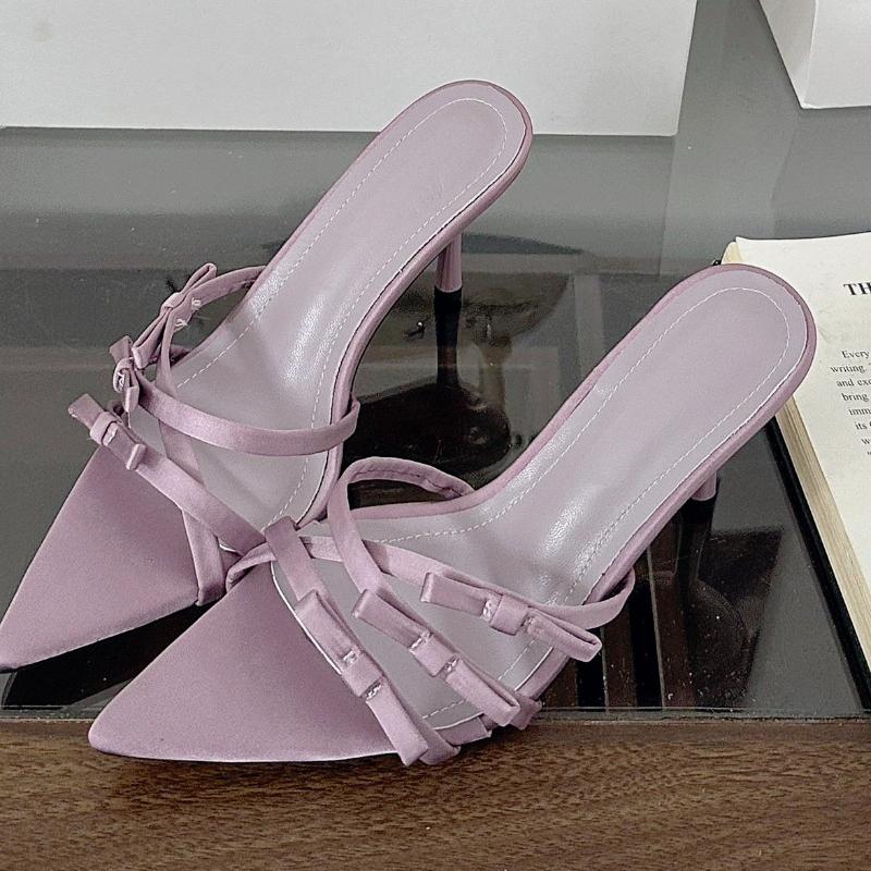 

Fashion Elegant Bow Cross Tied Slippers Women Fashion Pointed Toe Thin Heel Slide Sandals Luxury Brand Designer Dress Shoe Zapatos Mujer 39 лавандовый