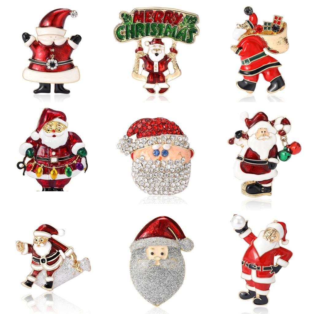 Christmas Enamel Santa Brooches for Women Unisex Rhinestone Character Pins Event Party Backpack Decoration Clothes Accessories