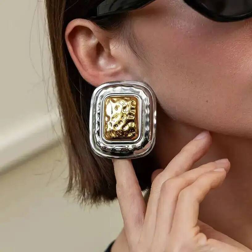 SHIXIN Punk 18K Gold Plated Statement Earrings Women Stainless Steel Square Stud Earring Daily Wear Waterproof Fashion Jewelry