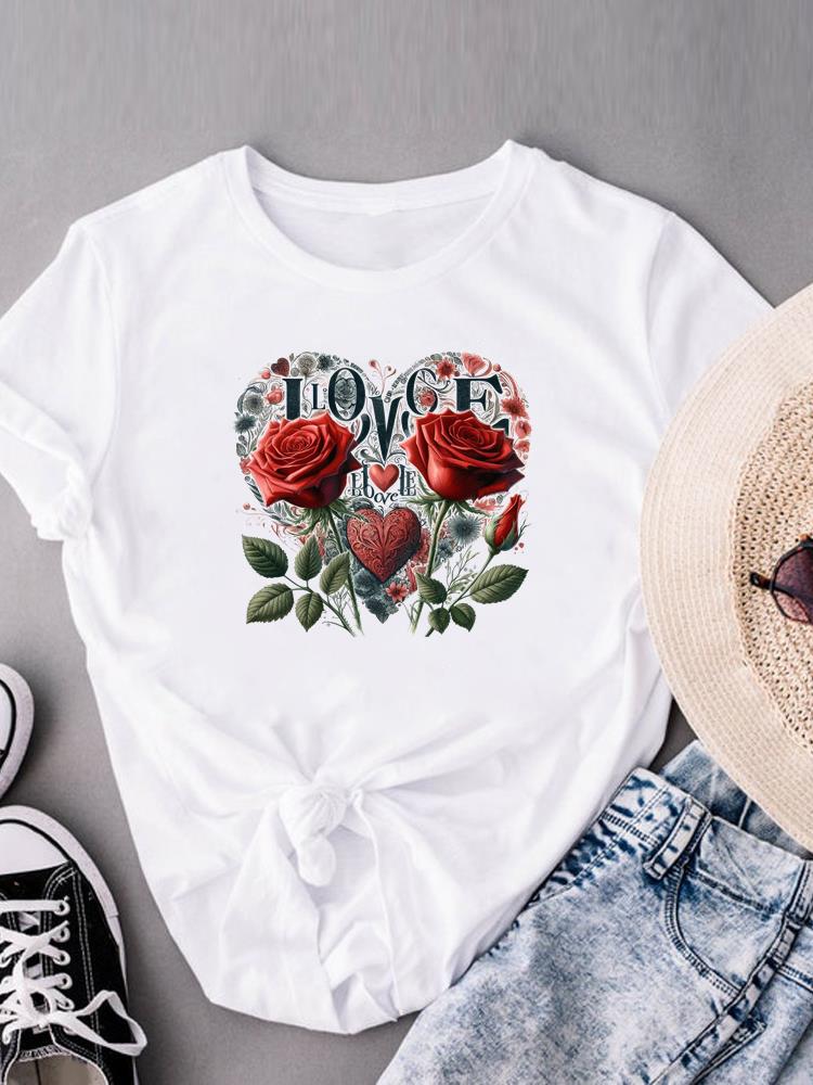 (Asian Size)  watercolor love flower Print Short Sleeve T-shirts Fashion Female Casual Women's Top T Clothing  Graphic Tee