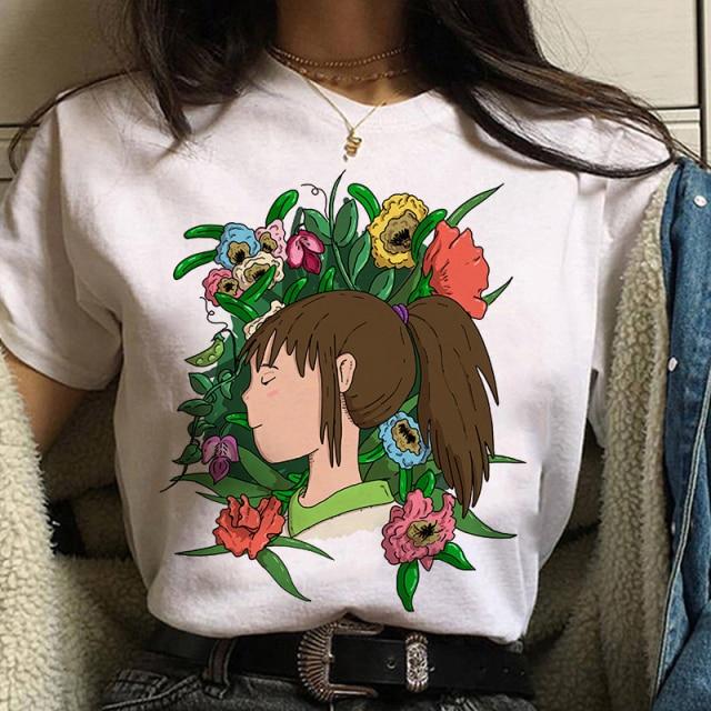 Studio Ghibli Spirited Away Hayao Miyazaki Kawaii T-skjorte med trykk for kvinner Harajuku Estetisk T-skjorte Hvite topper Anime T-skjorte for kvinner