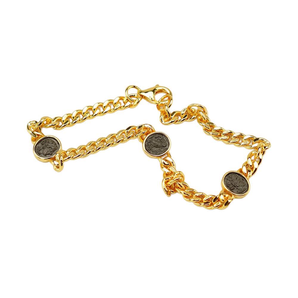 

Браслет кубинского плетения из стерлингового серебра 925 пробы с монетой Афины: Женский винтажный нишевый браслет 925 Silver