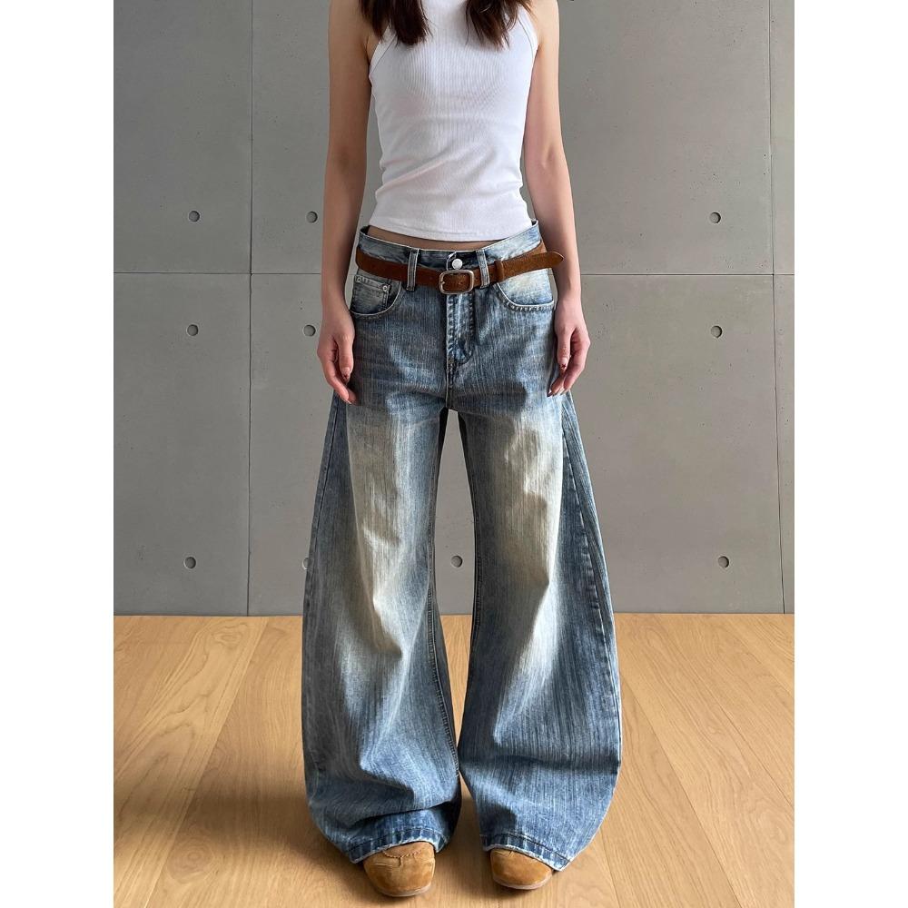 Premium sense cleanfit bamboo pattern washed scimitar jeans women s spring and autumn new American retro versatile trousers S синий