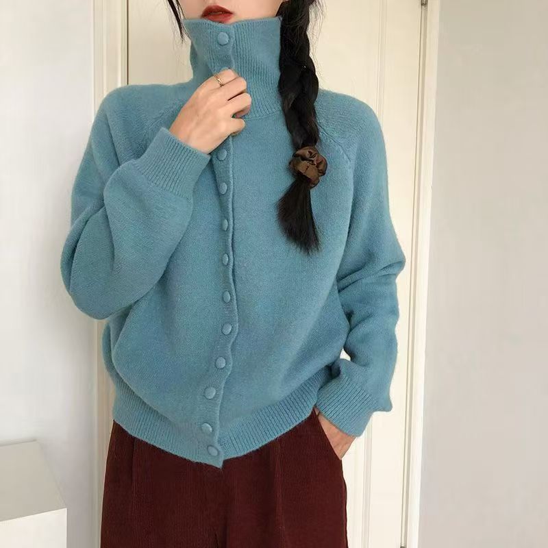 

Женский вязаный кардиган с высоким воротом, осенне-зимний ретро-корейский свободный свитер, куртка XL синий