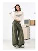 Women's Military Green Wide-Leg Jeans: Autumn Curved Knife Design, Loose Fit, Floor-Length Casual Workwear Pants.