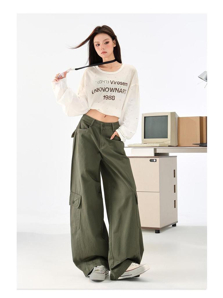 Women's Military Green Wide-Leg Jeans: Autumn Curved Knife Design, Loose Fit, Floor-Length Casual Workwear Pants.