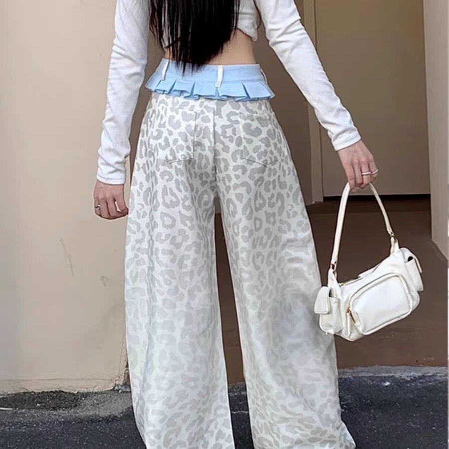 Women's Casual Fashion Washed Leopard Print Skirt Splicing Denim Straight Pants