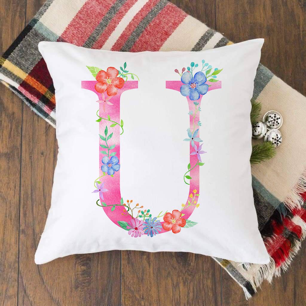 Pink Alphabet Flower Printed Cushion Cover Pillowcase English Letter A-Z Home Decorative Sofa Bed Backrest Pillow Cover 45*45cm