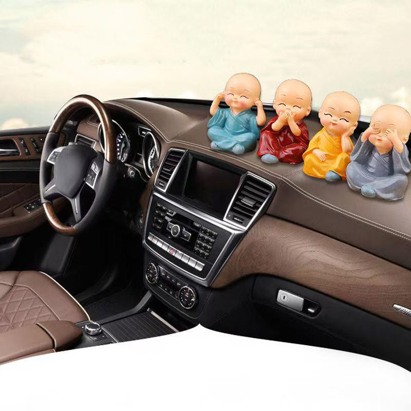 Little Monk Car Dashboard Figurine, Resin Sculpture Chinese Characteristic Ornaments Cute Home Room Office Decoration Suit