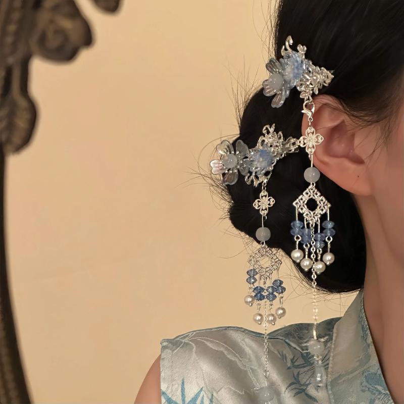 Flower Tassel Hair Clip Chinese Hanfu Style Crystal Pearl Tassel Hairpin For Women