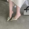 French High Heeled Design Bag Head Half Slippers Square Buckle Rhinestone Outer Wear Pointed Thin Heel Spring And Summer Half Support Single Shoes