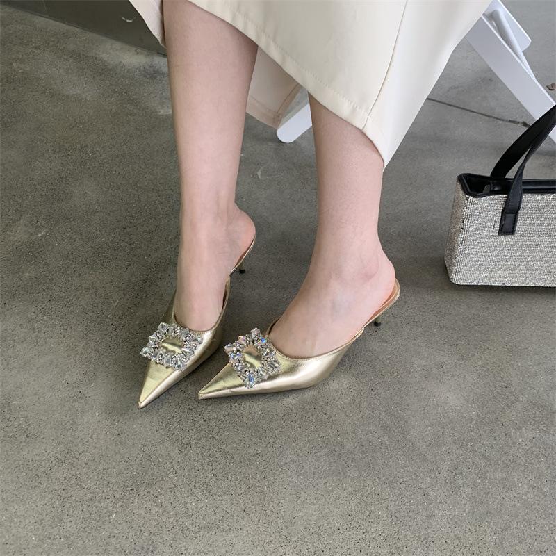 French High Heeled Design Bag Head Half Slippers Square Buckle Rhinestone Outer Wear Pointed Thin Heel Spring And Summer Half Support Single Shoes