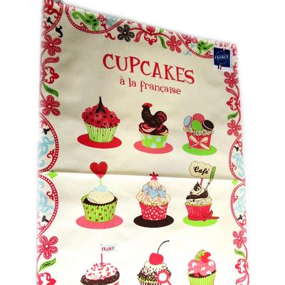 [L1240] - Designer Tea Towel 'Cupcakes À La Française' Beige Pink Green