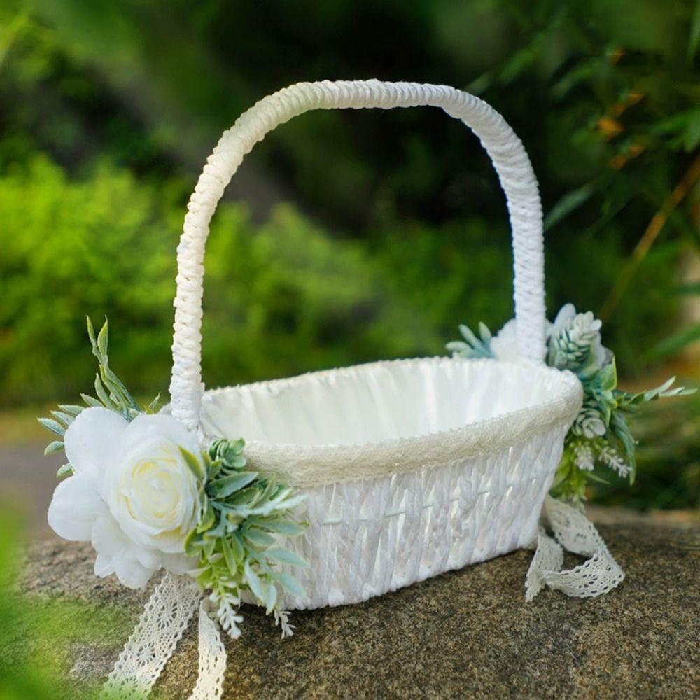 

Роза Цветок Цветочная корзина для девочек Жемчужный атласный бант Ханбэг Модная свадебная кружевная цветочная корзина Фестиваль