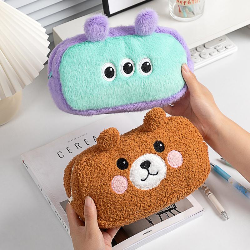 Cute Cartoon Plush Bear Pencil Case Multifunction Creative Large Capacity Plush Pen Bag Supplies School Stationery Storage Bag