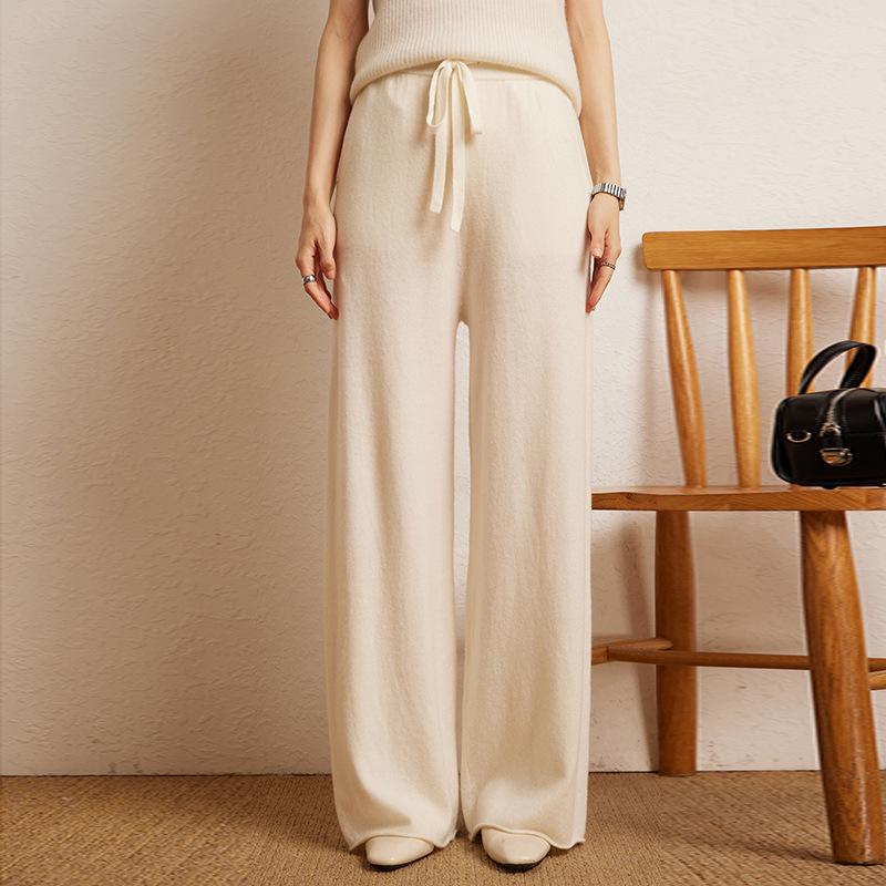 Women's High Waist Wide Leg Cashmere Pants - Floor-Length, Elastic Waist, Urban Fall/Winter Style