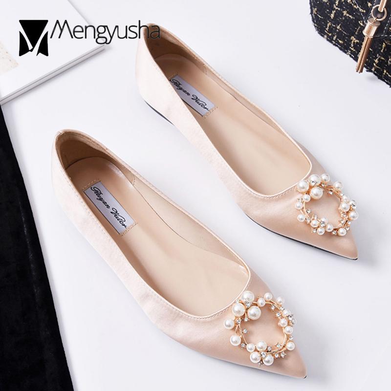 2024 Beads Metal Buckle Flats Woman Satin Bridesmaid Shoes for Women Pointed Toe Pearl Loafers Wedding Moccasins Plus Size 45
