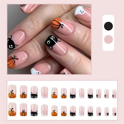 Halloween Fake Nails Short Square French Press On Nails Nude Acrylic Full Cover Stick On Nails False Nails With Nail Sticker For Women And Girls