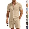 European Linen Men's Short Sleeve Lapel Shirt and Shorts Set