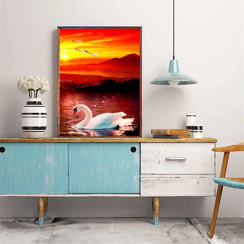 Full Square/Round Diamond Painting Animal Swan Mosaic Embroidery Sunset Cross Stitch Handmade Gift