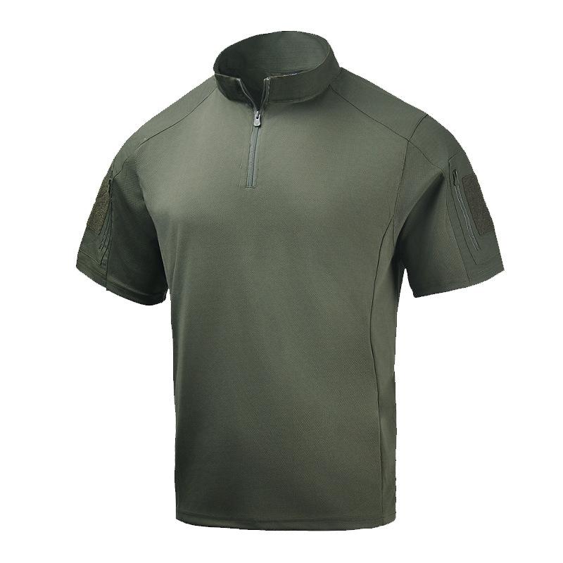 Męski T-shirt z krótkim rękawem w kamuflaż na zewnątrz, letni mundur do treningu wojskowego, taktyczny oddychający szybkoschnący top ze stójką