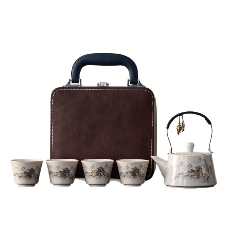 Travel tea set, one pot, four cups, household Japanese-style beam pot, car ceramic business gift