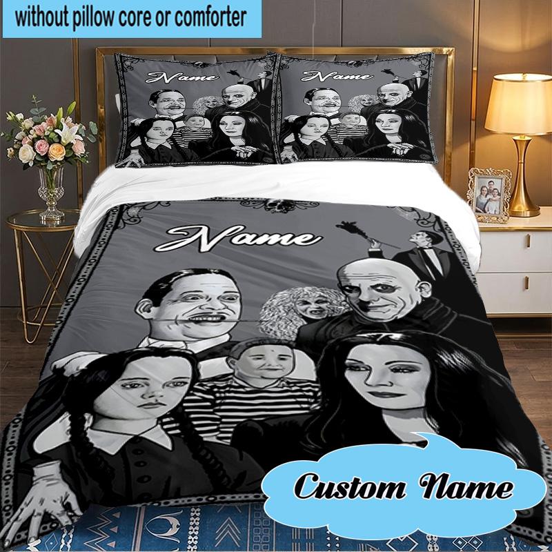 Custom Name 3PCS Addams Fan family Portrait Bedding Set Including 1pc Duvet Cover And 2pcs Pillowcases for Bedroom, Dormitory Gift Home Decor