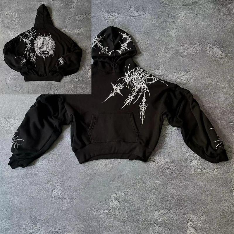 New American retro hip-hop skull front and back print hooded sweatshirt men's high street autumn/winter jacket hoodie