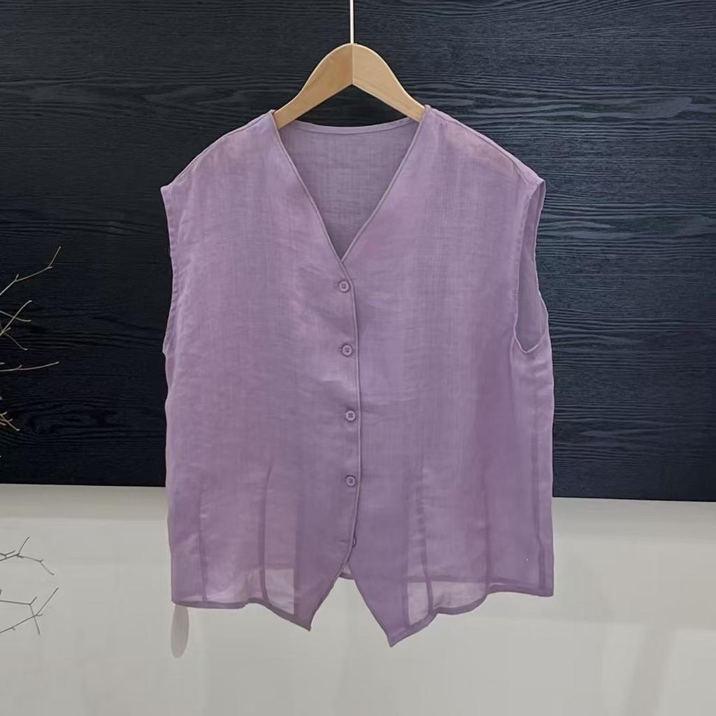 Ramie V-neck vest top women's summer new literary and retro versatile and thin fashionable simple vest top women