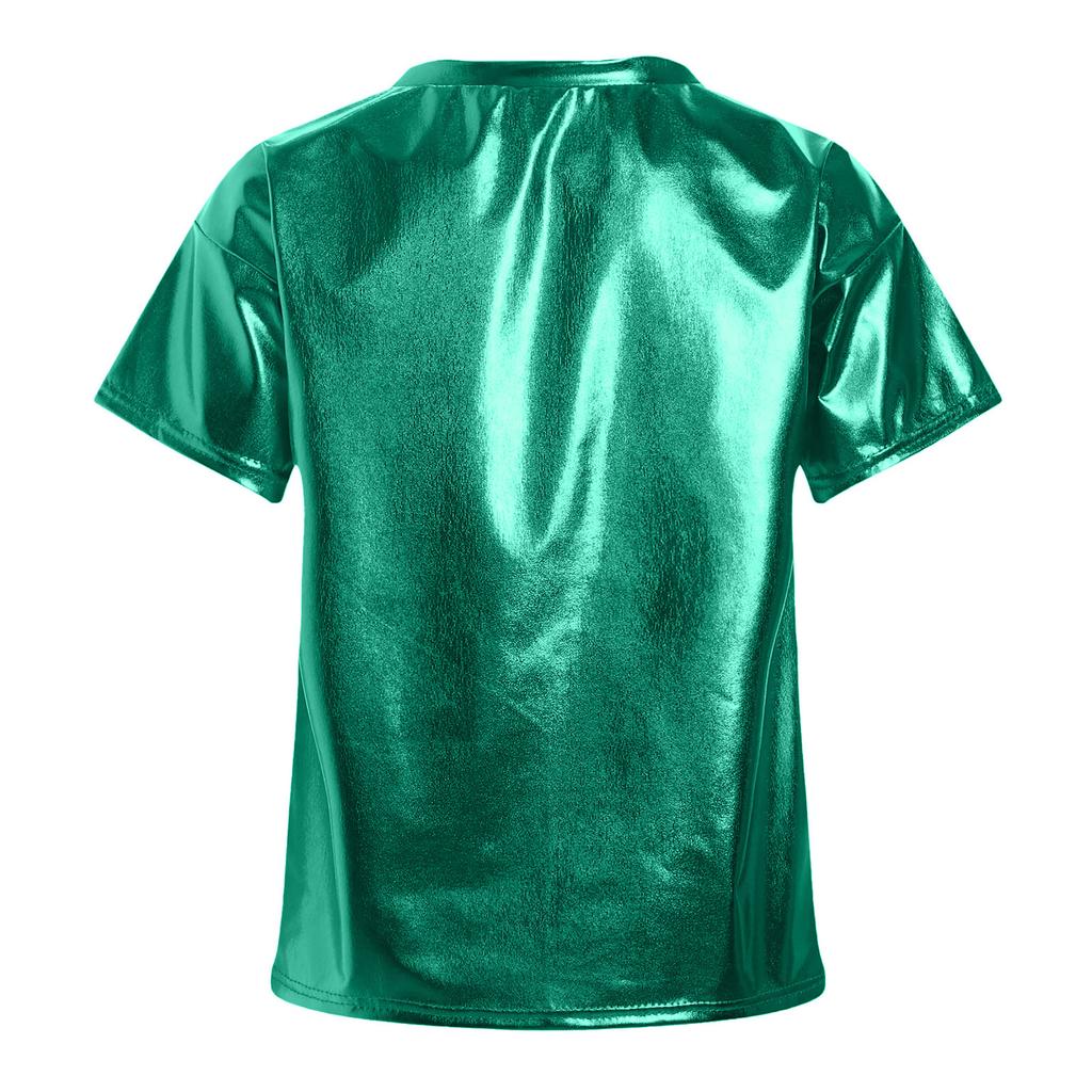 Girls Metallic Shiny Short Sleeve T-Shirt Round Neck Dance Party Performance Top