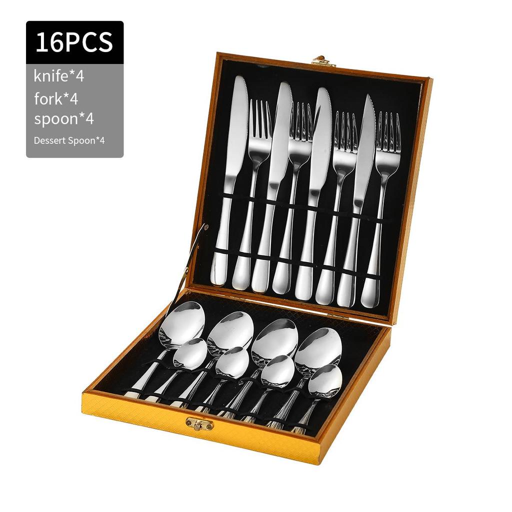Golden Wooden Box Stainless Steel Cutlery Set - Steak Knife, Fork, Spoon for Western Dining