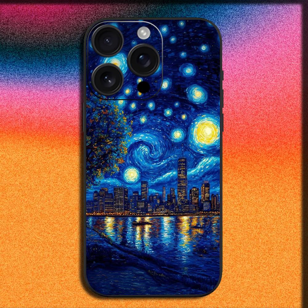 

Чехол для телефона V-Ван Гог Звездная ночь Подсолнух Кошка для iPhone 16,15,14,13,12,11,Pro,XS,Max,XR,Plus,E,Mini Мягкая черная крышка iPhone11