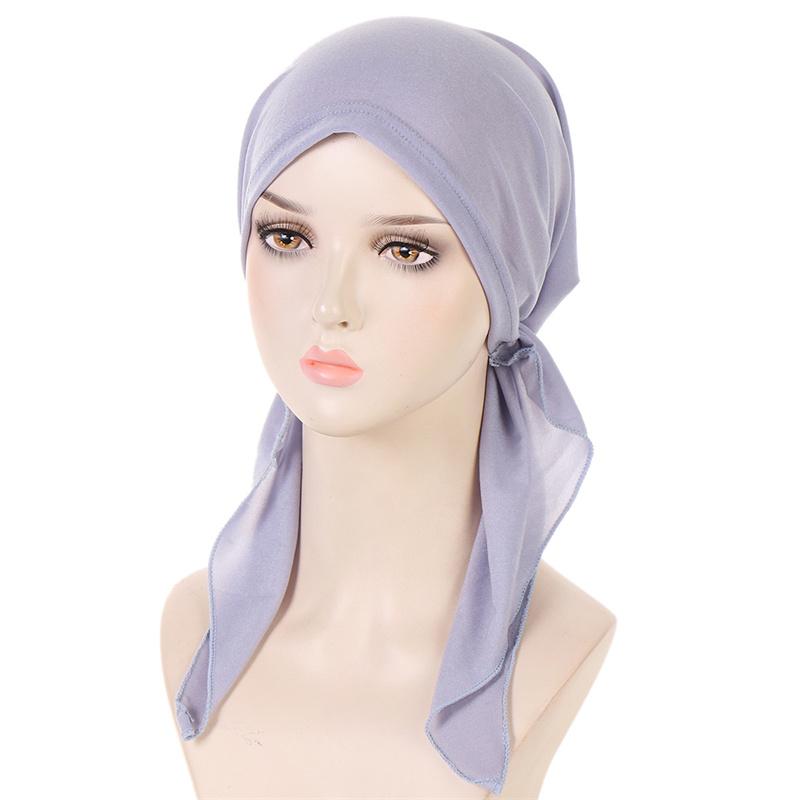 Ramadan Muslim Women Hijab Caps Solid Color Ladies Headscarf Soft Hijab Turban Bonnet Two Tail Bandana Hat Chemo Cap