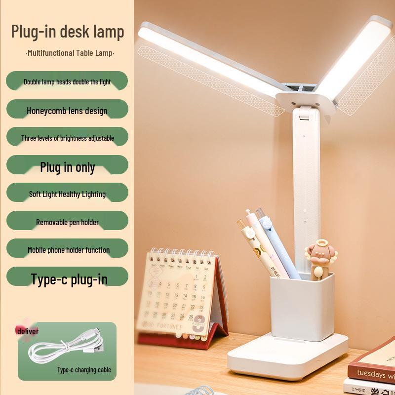 Multifunctional LED Desk Lamp with Rechargeable & Plug-in Options, Eye-Protection, Night Light, and Pen Holder for Study & Dorm Room