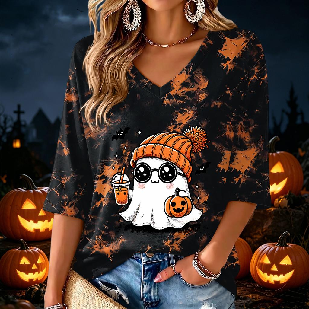 Women's V-Neck Halloween Print Lightweight Blouse for Spring and Summer Casual Wear