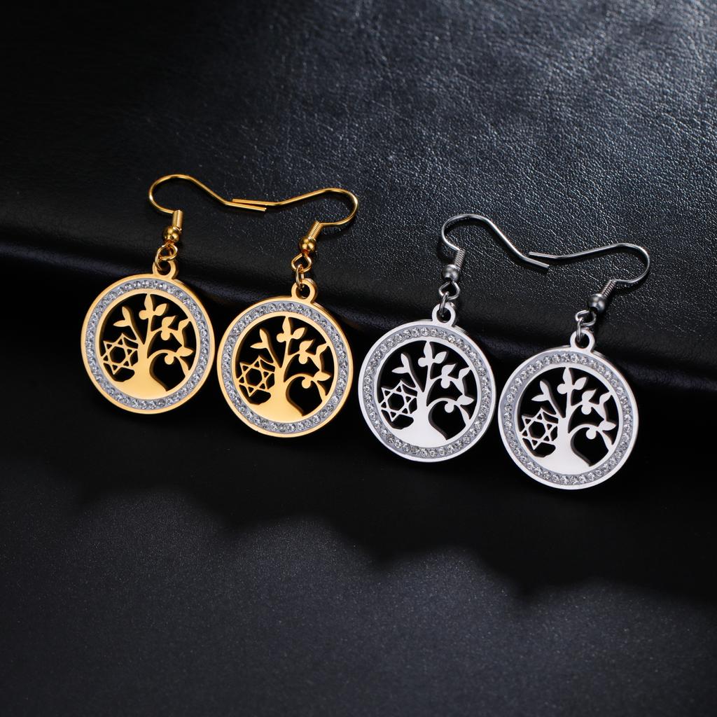 Tree of Life Women's Earrings Stainless Steel Gold Clear Zircon Round Pendant Dangle Earring Amulet Jewelry Gift