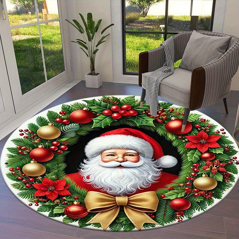1pc Soft, Absorbent & Non-Slip Kind Santa Claus Round Rug, Perfect for Entryway, Living Room, Bedroom Decor, Machine Washable Flannel Memory