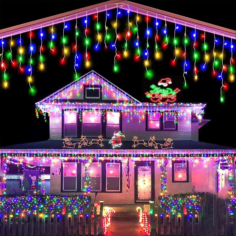 Solar Curtain Icicle Lights Outdoor Eaves Decoration Lights 8 Lighting Modes Wedding Christmas Party Garden Fairy Lights String