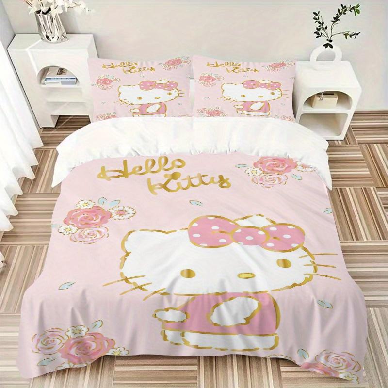 3pcs Sweet and Cute Hello Kitty Three-Piece Patterned Quilt Cover Set - Soft and Cozy Bedroom, Guest Room and Dorm Decorative Bedding 3-Piece Set