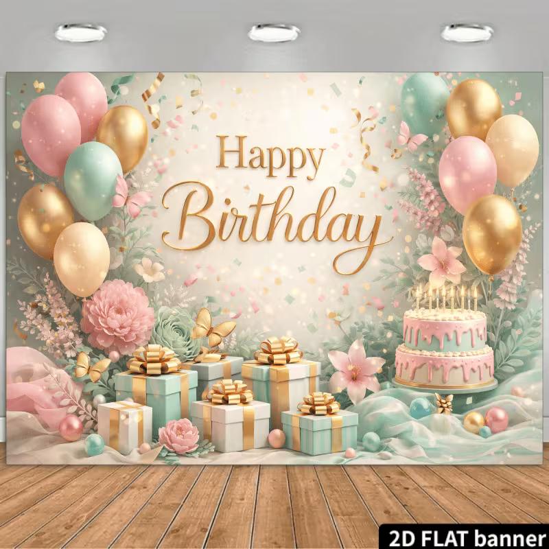 

2D Sweet Macaron Color Happy Birthday Backdrop Banner with Cake & Gifts 47.2x31.5inch/120*80cm