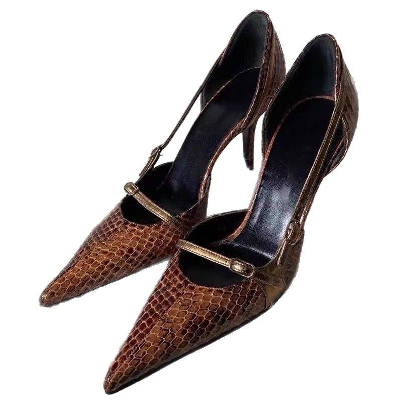 Niche design pointed thin heel snakeskin pattern high heels women's 2025 new foreign trade spice girl belt buckle hollow sandals