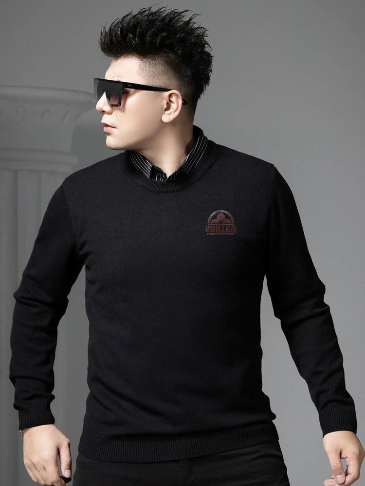 European-Style Faux Two-Piece Round-Neck Sweater for Men, Autumn and Winter Trendy Brand Printed Warm Knit Pullover Sweater