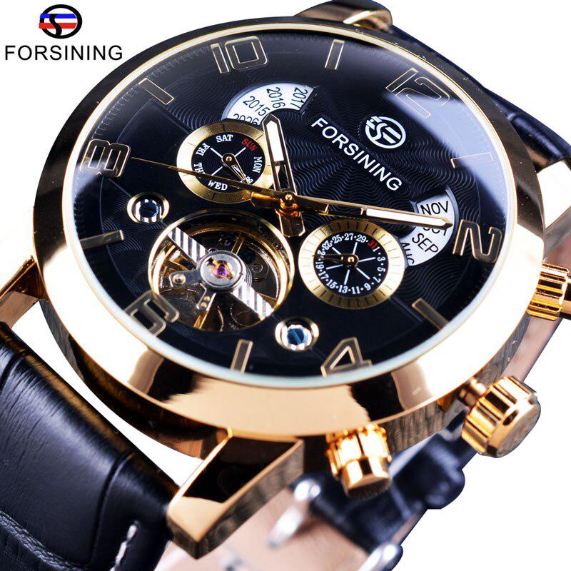 Forsining Herren-Luxus-Tourbillon, automatische mechanische Uhr, Wellendesign, Datumsanzeige, leuchtende Zeiger, wasserdicht, modische Armbanduhr Case Diameter 4.6 cm gold/grau
