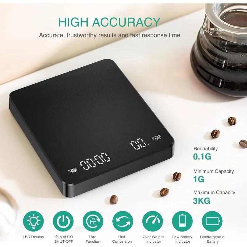Professional Coffee Scale Digital 0.1g Precision Timer USB Rechargeable 3kg Max LED Screen for Espresso Kitchen Brewing