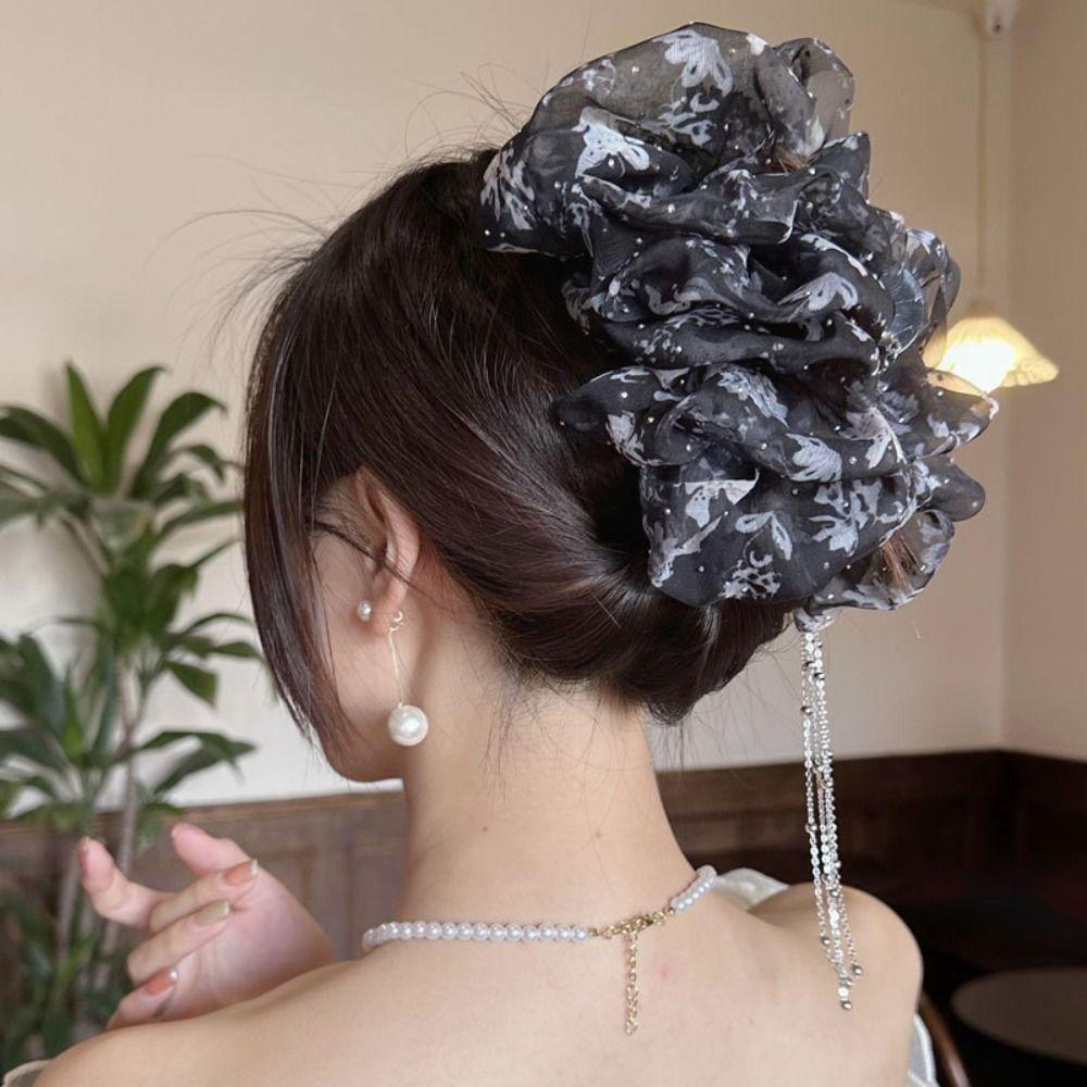 

Tassel Bow Hair Claw Chiffon Mesh Ponytail Clip Sweet Bow Shark Clip Outdoor